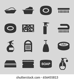 Soap icons set. set of 16 soap filled icons such as baby bath, spray bottle, sponge, laundry, clean brush