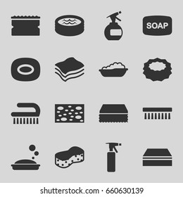 Soap icons set. set of 16 soap filled icons such as baby bath, spray bottle, sponge, clean brush