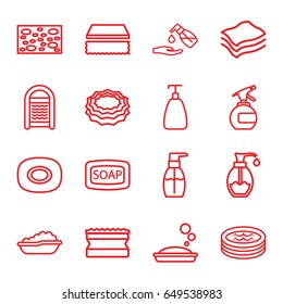 Soap icons set. set of 16 soap outline icons such as baby bath, spray bottle, sponge