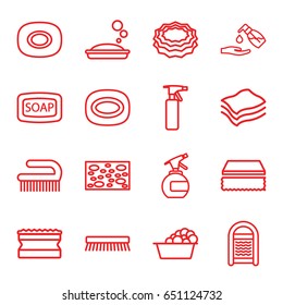 Soap icons set. set of 16 soap outline icons such as spray bottle, sponge, laundry