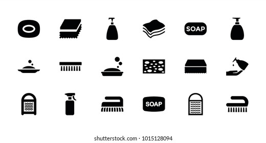 Soap icons. set of 18 editable filled soap icons: sponge, clean brush