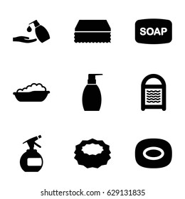 Soap icons set. set of 9 soap filled icons such as baby bath, spray bottle, Soap