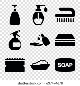 Soap icons set. set of 9 soap filled icons such as baby bath, spray bottle, sponge