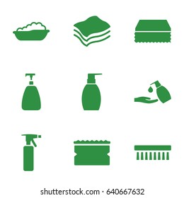 Soap icons set. set of 9 soap filled icons such as baby bath, spray bottle, sponge