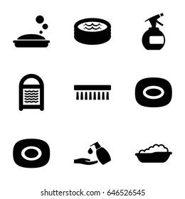 Soap icons set. set of 9 soap filled icons such as baby bath, spray bottle, sponge, clean brush