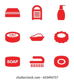 Soap icons set. set of 9 soap filled icons such as baby bath, sponge, clean brush