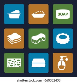 Soap icons set. set of 9 soap filled icons such as baby bath, sponge