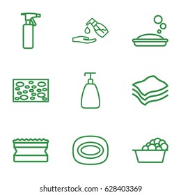 Soap icons set. set of 9 soap outline icons such as spray bottle, sponge