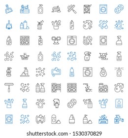 soap icons set. Collection of soap with antiseptic, jacuzzi, foam, detergent, washing machine, sponge, cleaning, perfume, window cleaner, hand wash. Editable and scalable soap icons.