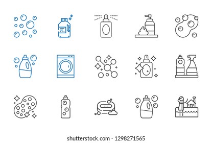 soap icons set. Collection of soap with bath, detergent, sponge, window cleaner, perfume, washing machine, foam, bubbles. Editable and scalable soap icons.