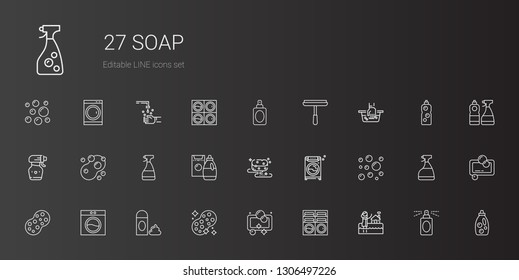 soap icons set. Collection of soap with bath, washing machine, sponge, foam, bubbles, detergent, window cleaner, spray bottle, hand wash, perfume. Editable and scalable soap icons.