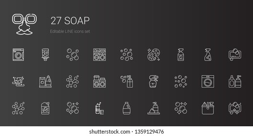 soap icons set. Collection of soap with bubbles, foam, detergent, bubble, spray bottle, washing machine, sponge, window cleaner, cleaning, perfume. Editable and scalable soap icons.