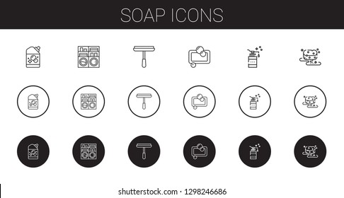 soap icons set. Collection of soap with detergent, washing machine, window cleaner, sponge. Editable and scalable soap icons.
