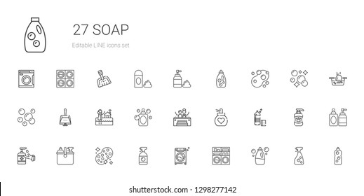 soap icons set. Collection of soap with detergent, washing machine, window cleaner, sponge, cleaning, antiseptic, perfume, jacuzzi, bath, dustpan. Editable and scalable soap icons.