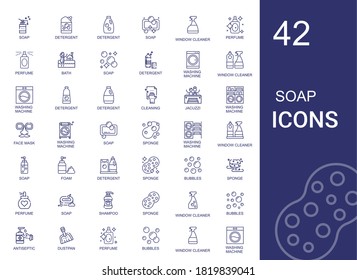 Seifensymbole gesetzt. Kollektion von Seife mit Waschmittel, Fensterreiniger, Parfüm, Bad, Waschmaschine, Reinigung, Whirlpool, Gesichtsmaske, Schwamm, Schaum. Bearbeitbare und skalierbare Seifensymbole.