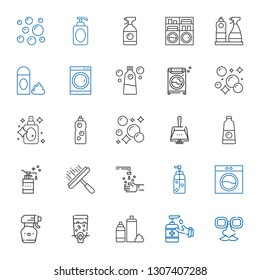 Soap Icons Set. Collection Of Soap With Face Mask, Antiseptic, Foam, Dispenser, Spray Bottle, Washing Machine, Hand Wash, Window Cleaner, Detergent. Editable And Scalable Soap Icons.