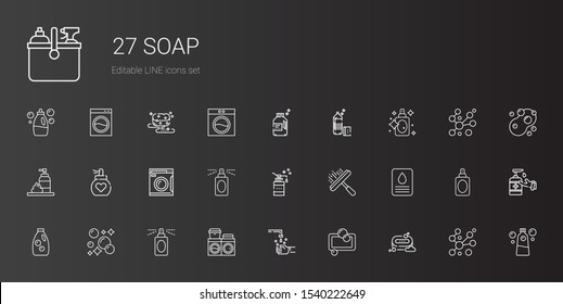 soap icons set. Collection of soap with hand wash, washing machine, perfume, bubbles, detergent, window cleaner, foam, antiseptic, sponge, cleaning. Editable and scalable soap icons.