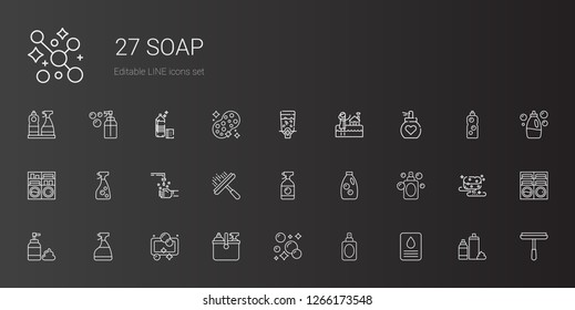 soap icons set. Collection of soap with perfume, cleaning, window cleaner, foam, detergent, hand wash, washing machine, bath, dispenser, sponge. Editable and scalable soap icons.