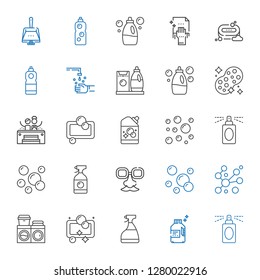 Soap Icons Set. Collection Of Soap With Perfume, Detergent, Window Cleaner, Washing Machine, Bubbles, Face Mask, Jacuzzi, Sponge, Hand Wash. Editable And Scalable Soap Icons.