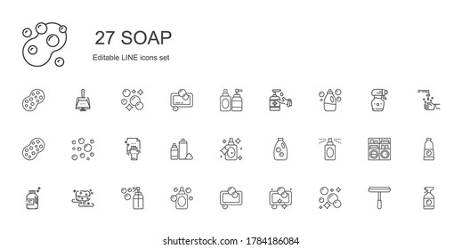 soap icons set. Collection of soap with perfume, sponge, detergent, foam, cleaning, bubbles, antiseptic, window cleaner, washing machine, hand wash. Editable and scalable soap icons.