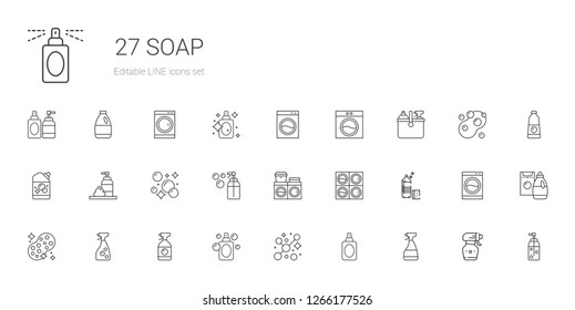 soap icons set. Collection of soap with window cleaner, perfume, bubbles, sponge, detergent, washing machine, bubble, foam, cleaning, spray bottle. Editable and scalable soap icons.