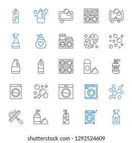 soap icons set. Collection of soap with window cleaner, washing machine, foam, bubbles, shampoo, detergent, sponge, perfume. Editable and scalable soap icons.