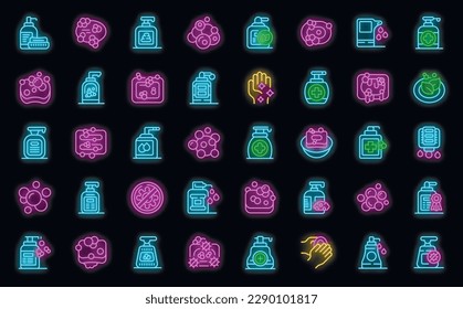 Los iconos de jabón establecen el vector de contorno. Salud en el spa. Color del neón cosmético natural en negro