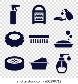 Soap icons set. sponge, clean brush