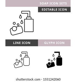 Soap icons set vector design, modern editable line and  glyph icon, black colour and isolated for icon presentation, website and banner
