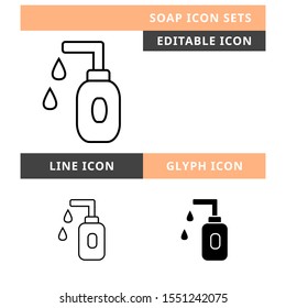 Soap icons set vector design, modern editable line and  glyph icon, black colour and isolated for icon presentation, website and banner

