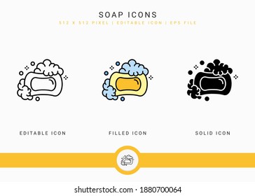 Seifensymbole setzen Vektorgrafik mit fester Symbollinie. Schaumstoffbrausenkonzept. Bearbeitbares Strichsymbol auf isoliertem Hintergrund für Web-Design, Infografik und UI Mobile App.