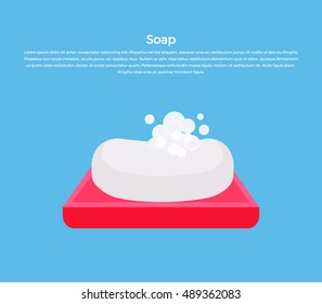 Soap illustration. Human basic hygiene conceptual illustration. Flat style design. Soap covered foam on soapbox vector for skin care products ad, cosmetics companies, web pages design.