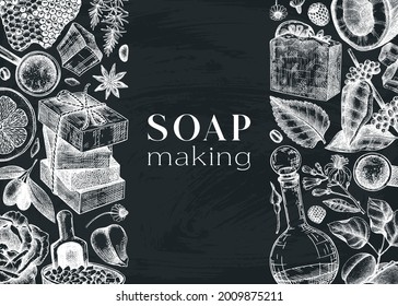 Soap ingredients frame design on a chalkboard. Hand-sketched aromatic materials and organic ingredients for cosmetics and perfumery brands. Perfect for branding, packaging, identity, web design. 