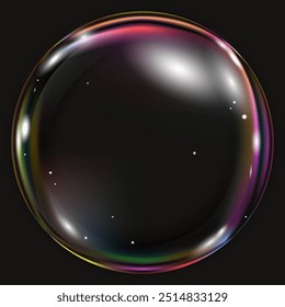 Jabón aislado en el fondo negro, color de neón de los Gradientes del círculo 3d, elemento de diseño de la burbuja del arco iris del Vector para la tarjeta de la decoración de la Navidad, globo claro redondo del grano, aire multicolor de la gota 