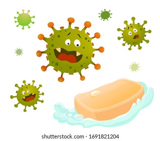  Soap kills coronavirus cells. Detergent and disinfectant. Infection prevention. Vector antibacterial concept.