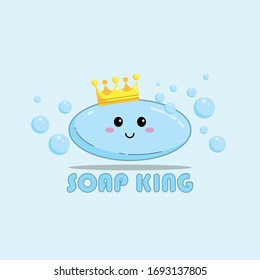 Soap King. Light blue soap icon with added crowns and bubbles in flat style for your design, vector stock illustration