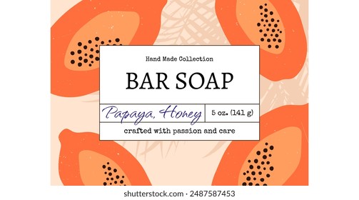 Soap label design with papaya pattern. Label with tropical pattern for hand made soap or candle. Vector illustration of packaging for crafted beauty products