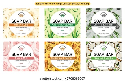 Diseño de etiqueta de jabón, conjunto de etiquetas de jabón Arte vectorial de avena de miel, aloe vera pepino, árbol de té de carbón, leche de rosa, sándalo jabón de cúrcuma, patrones de vainilla de coco para el paquete de cuidado de la piel natural