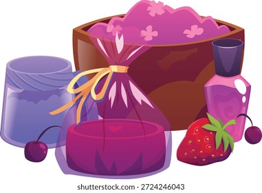 Fabricación de jabón, una barra de jabón rojo en un empaque con ingredientes, una taza, un frasco, fresas y cerezas. Producto natural. Conceptos de salud, limpieza, ventas y pasatiempos. Ilustración plana de Vector.
