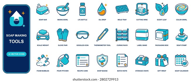 Soap Making flat icon set. 24 vector line icons: soap bar, mixing bowl, lye bottle, oil drop, mold tray, cutting wire, scent leaf, color swirl. Editable isolated symbols for web, app and infographic d