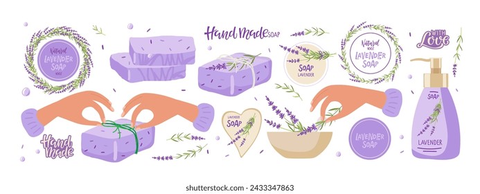 Fabricación de jabón, jabón de lavanda casero con etiquetas. Persona hace jabón hecho a mano con hierba de lavanda para la venta, regalo. Ilustración vectorial para pequeñas empresas. Cuidado del cuerpo de Herbal Healing. Producto de spa natural