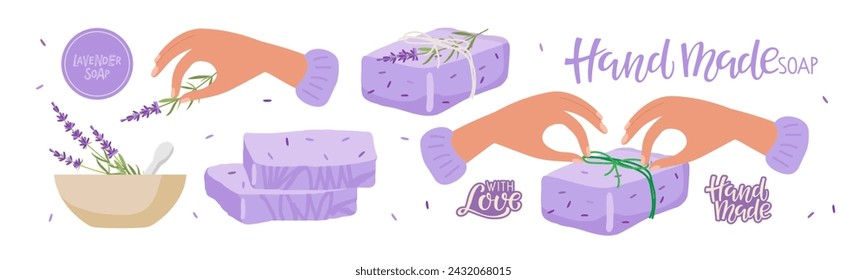 Soap Making, Homemade Lavender soap. Person makes handmade soap with grass of lavender for sale or gift. Vector Illustration for small business. Herbal Healing body care. Natural organic spa products