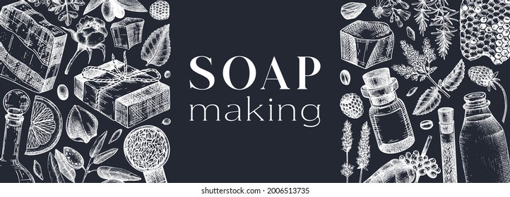 Soap making ingredients banner on chalkboard. Hand-sketched aromatic materials  for cosmetics, perfumery, soap. Great for branding, packaging, identity, web design. Vintage bars of soap temple 