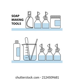 Soap Making Tools. Liquid Dye, Plastic Pipette, Spray Bottle, Natural Essential Oil, Shimmer Pigment, Measuring Cup With Stir Stick. Vector Set Of Line Icons