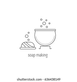 Soap making vector thin line icon. Bar of soap and a boiler. Colored isolated symbol. Logo template, element for business card or workshop announcement. Simple mono linear modern design.