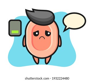 Soap mascot character doing a tired gesture