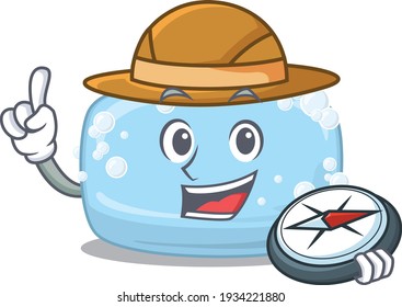 Soap mascot design style of explorer using a compass during the journey. Vector illustration