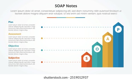 Conceito infográfico de nota SOAP para apresentação de slides com seta retangular vertical com descrição de linha com lista de 4 pontos com vetor de estilo plano