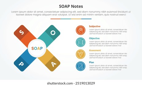 Conceito infográfico de nota SOAP para apresentação de slide com forma x cross com descrição vertical com lista de 4 pontos com vetor de estilo plano