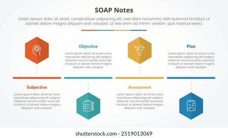 Concepto de infografía de nota SOAP para presentación de diapositivas con estilo de línea de tiempo de forma hexagonal o hexagonal con lista de 4 puntos con Vector de estilo plano